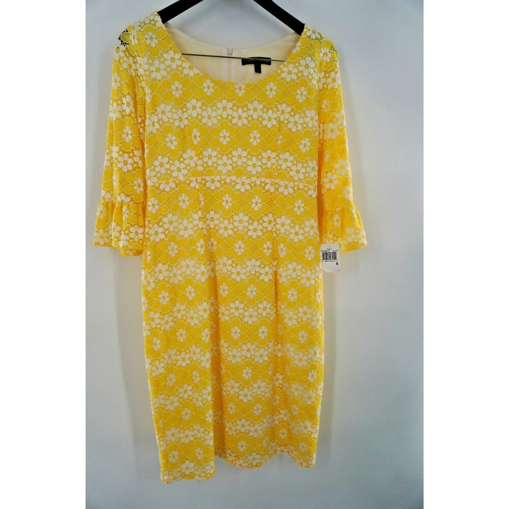 Chris McLaughlin Yellow Crochet Daisy Lace Dress Bell Sleeve Sheath Mod Sz 6 NWT